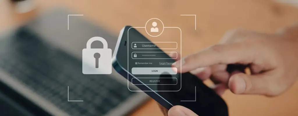 Hand hält Smartphone mit Login-Oberfläche und Schloss-Symbol als Darstellung für Datenschutz, sichere Anmeldung und digitale Sicherheit.