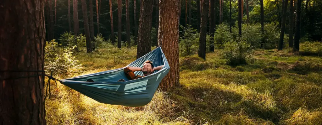 Mann entspannt in einer blauen Hängematte zwischen Kiefern im Wald – Waldbaden und Erholung in der Natur, warmes Sonnenlicht.