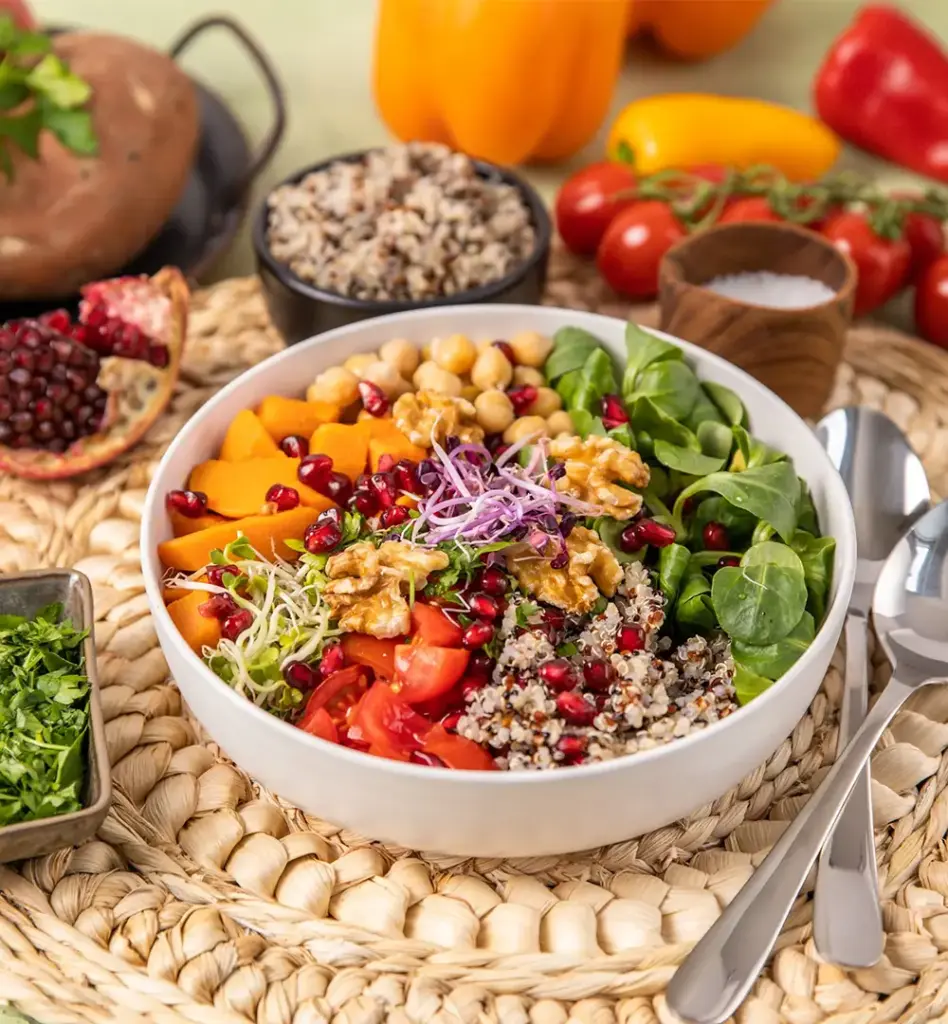 Bunte vegane Bowl mit Quinoa, Kichererbsen, Granatapfelkernen, Walnüssen, Tomaten und Feldsalat in einer weißen Schüssel – frisches Gemüse und Früchte im Hintergrund.
