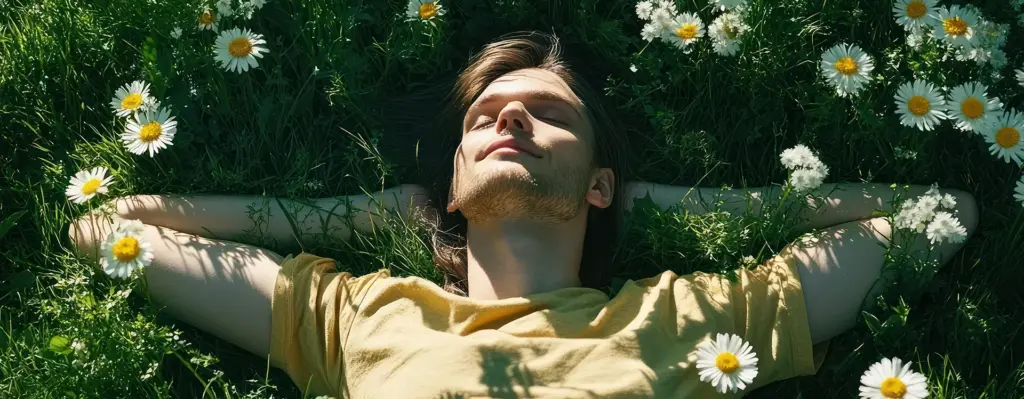 Ein junger Mann liegt auf einer blühenden Wiese mit Armen hinter dem Kopf verschränkt und schläft.