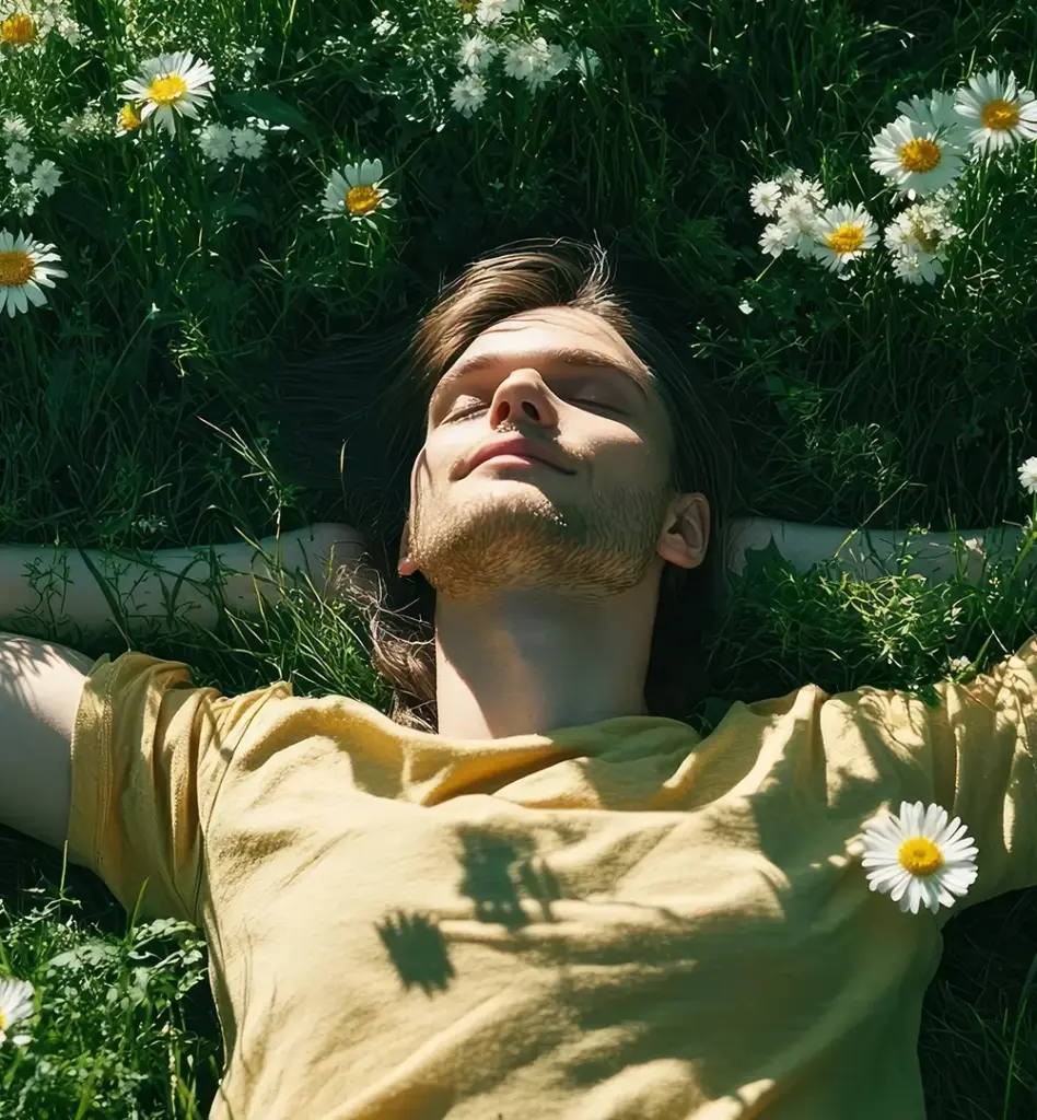 Ein junger Mann liegt auf einer blühenden Wiese mit Armen hinter dem Kopf verschränkt und schläft.