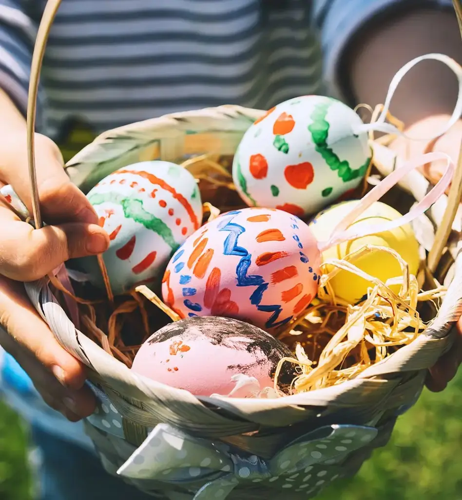 Man sieht ein Osternetz mit bunt angemalten Eiern. Das Nest wird von Kinderhänden gehalten.