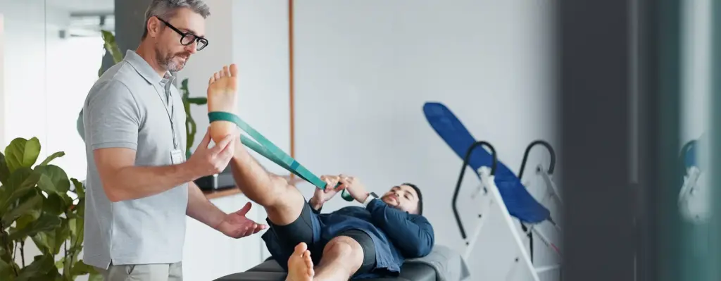 Ein Mann, vermutlich Physiotherapeut, hält die Ferse eines Mannes, der sein Bein mit einem Gymnastikband nach oben streckt und zieht. Das Bild wird im Bereich "Anschlussrehabilitation" verwendet.