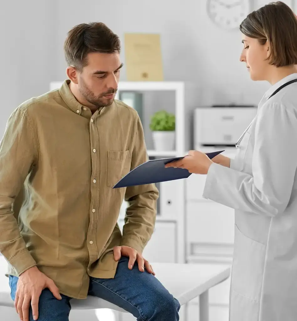 Das Bild zeigt eine Ärztin im weißen Kittel, die einem männlichen Patienten mittleren Alters etwas auf einem Dokument zeigt. Das Bild wird im Bereich "Mpmrt bei Prostatakarzinom" verwendet.