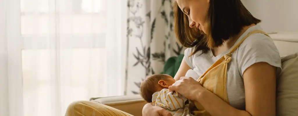 Eine frischgebackene Mutter sitzt auf einem Sessel und stillt ihr Baby. Das Bild wird im Bereich "Hallo Baby – Vermeidung von Frühgeburten und Infektionen" verwendet.