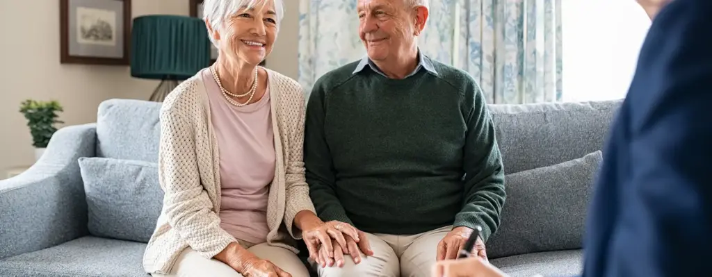 Das Bild zeigt ein älteres Pärchen, das auf einer Couch sitzt. Der Mann schaut seine Frau an. Ihnen gegenüber sitzt eine weitere Person. Es ist eine Beratungssituation und wird auf der Leistungsseite "Pflegeberatung und Pflegestützpunkte" genutzt.