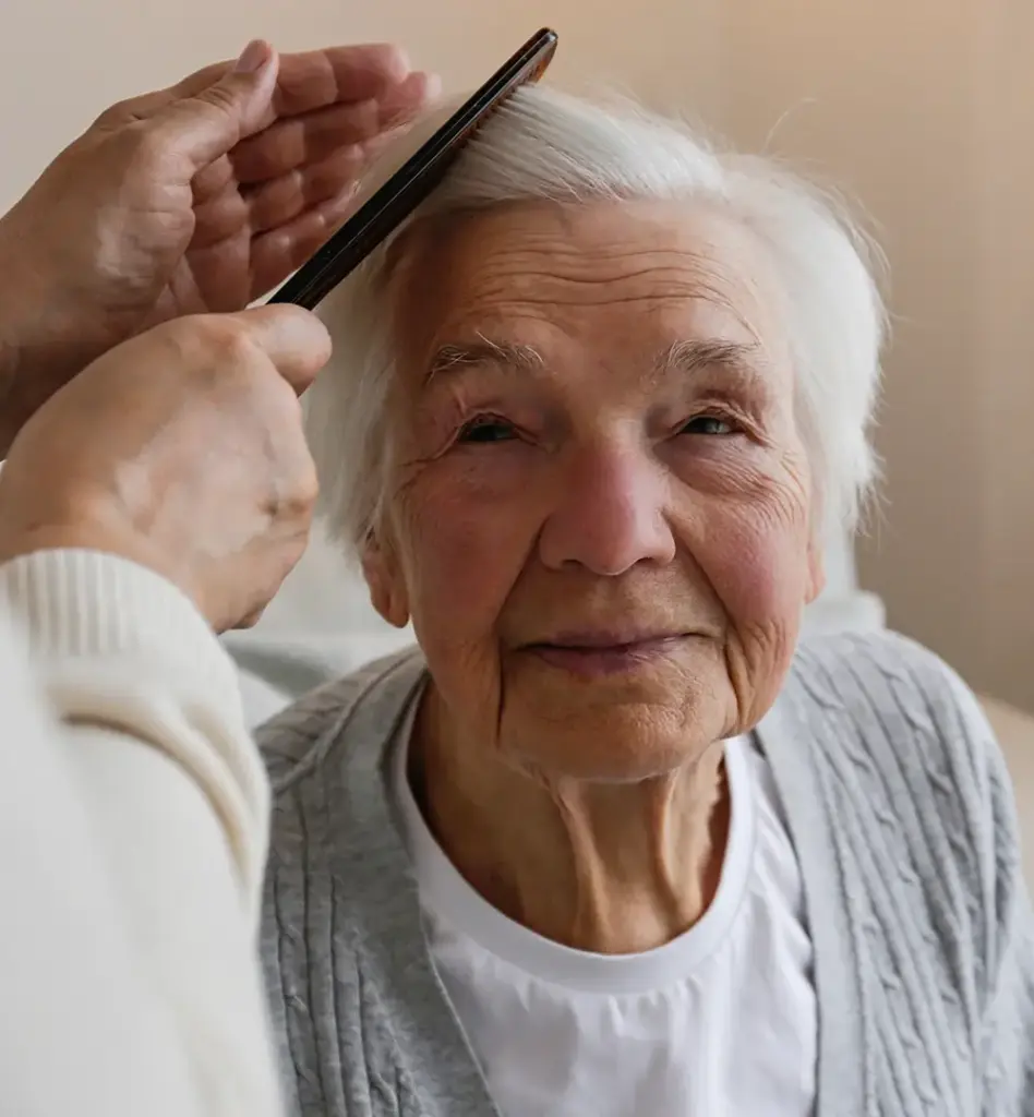 Eine ältere Frau blickt schräg nach oben zu einer Person, die ihr mit einem Kamm die Haare kämmt. Die weitere Person ist nur mit ihren Händchen zu sehen. Das Bild wird im Bereich "Pflegeunterstützungsgeld" verwendet.