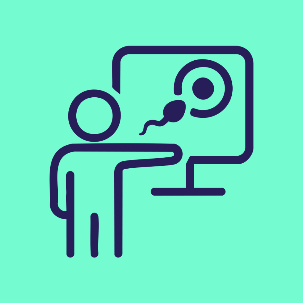 Zu sehen ist ein Icon einer Person, die an einem Bildschirm steht, auf dem ein Punkt und ein Spermium zu sehen sind.