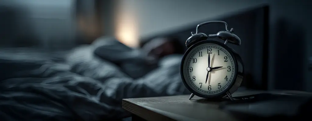 Ein Wecker steht auf einem Nachtisch