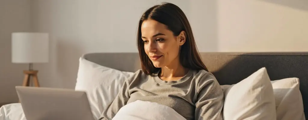 Eine Frau sitze in ihrem Bett und schaut in ihr Laptop