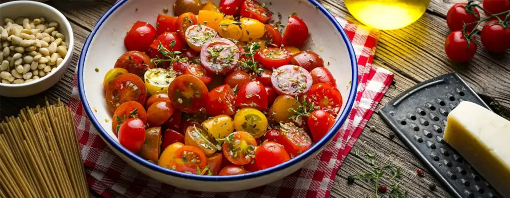 Bunter Tomaten-Orangen-Salat mit roten und gelben Kirschtomaten sowie Zwiebeln in einer Schüssel – Kräuter und Gewürze auf rustikalem Holztisch.