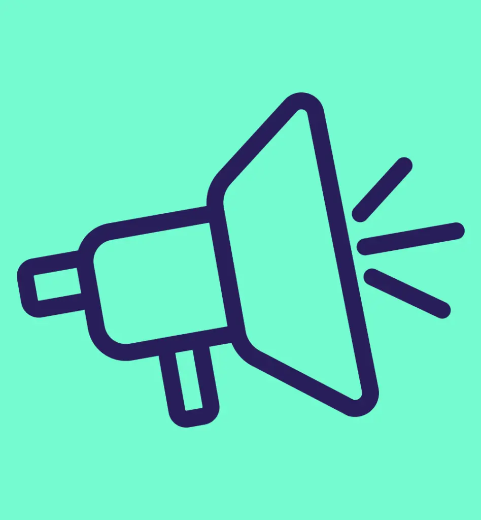 Zu sehen ist ein Megafon Icon auf mintfarbenen Hintergrund.