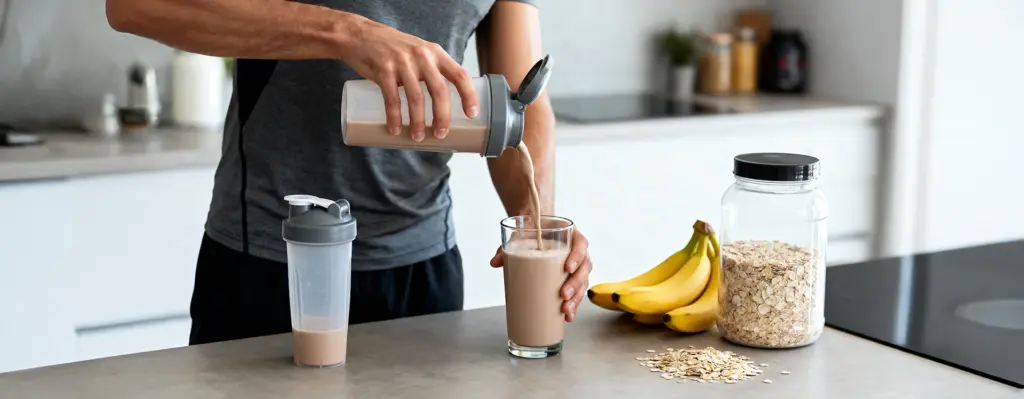 Mann bereitet einen Eiweißshake zu