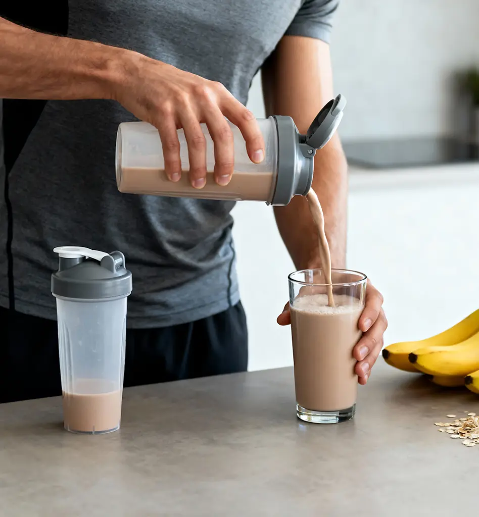 Mann bereitet einen Eiweißshake zu