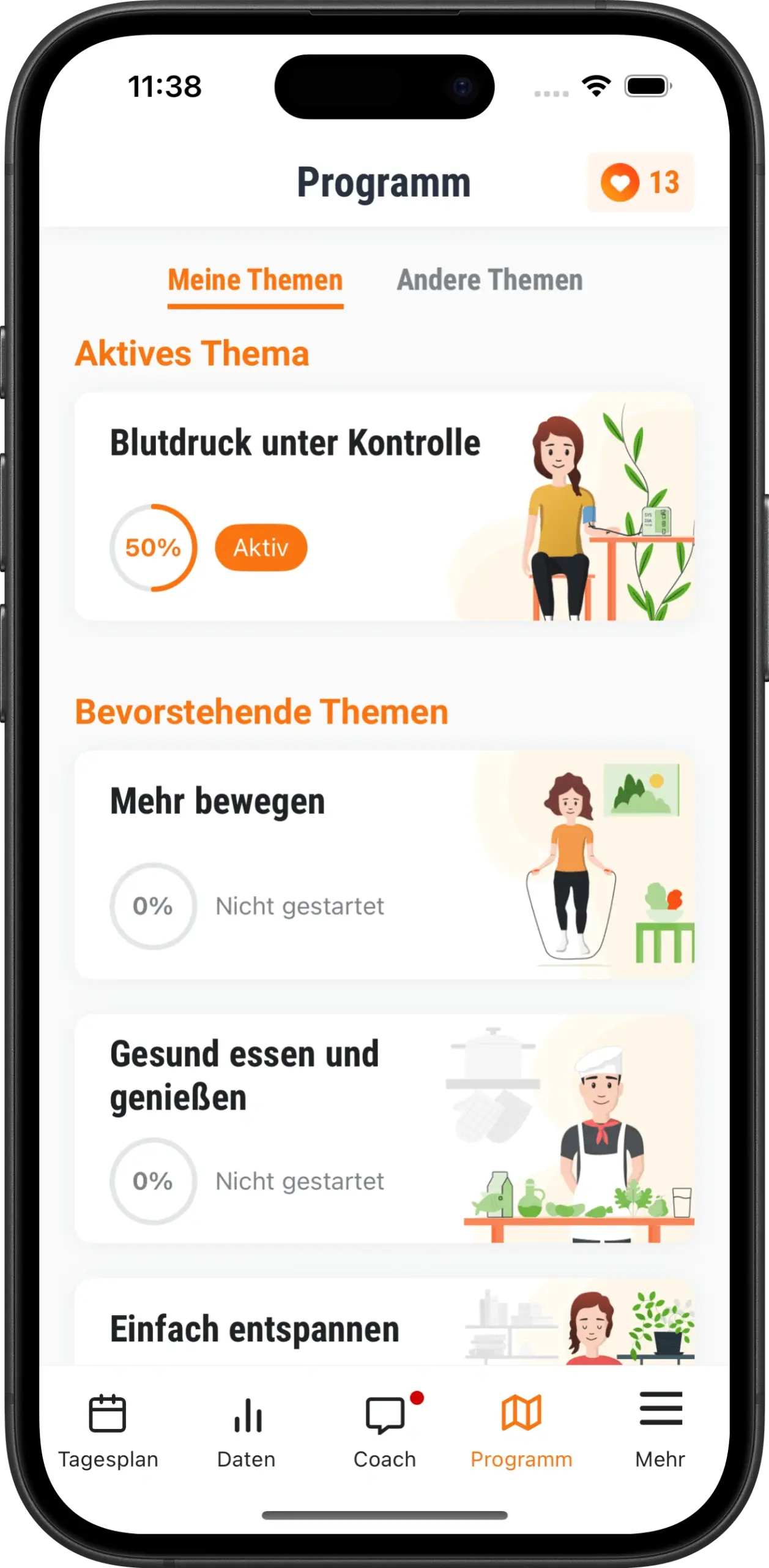 Das Bild zeigt einen Screenshot der manoa App mit der Programmübersicht