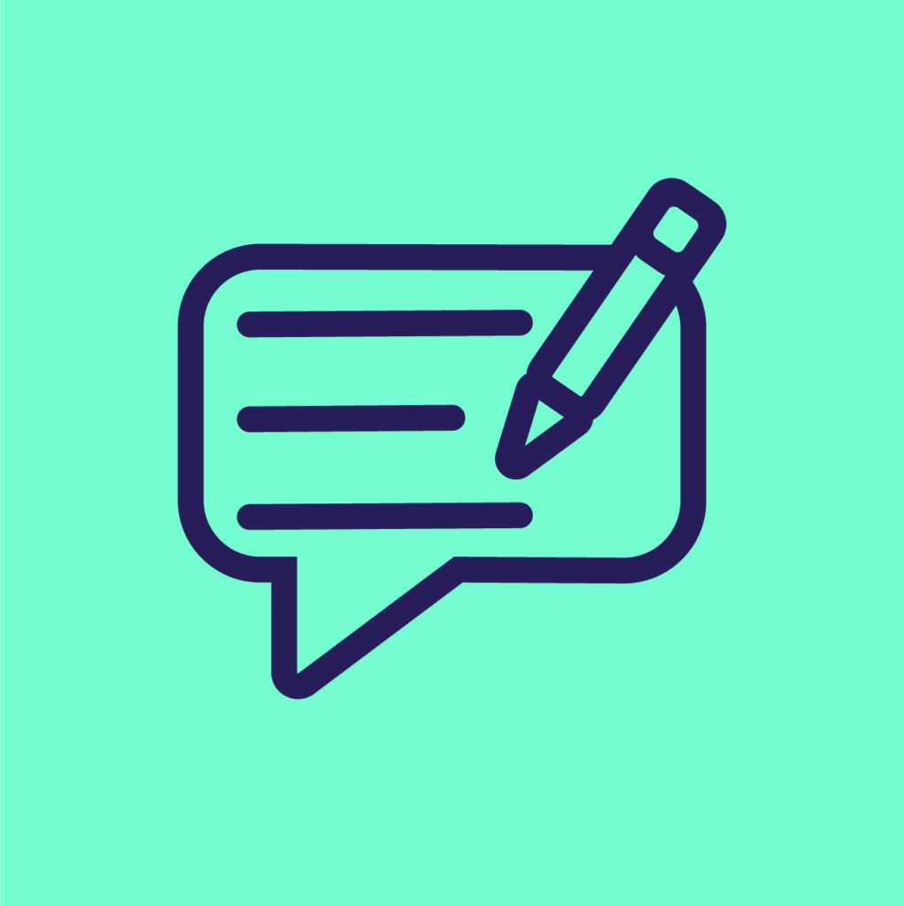 Zu sehen ist das Icon einer Sprechblase mit Stift.