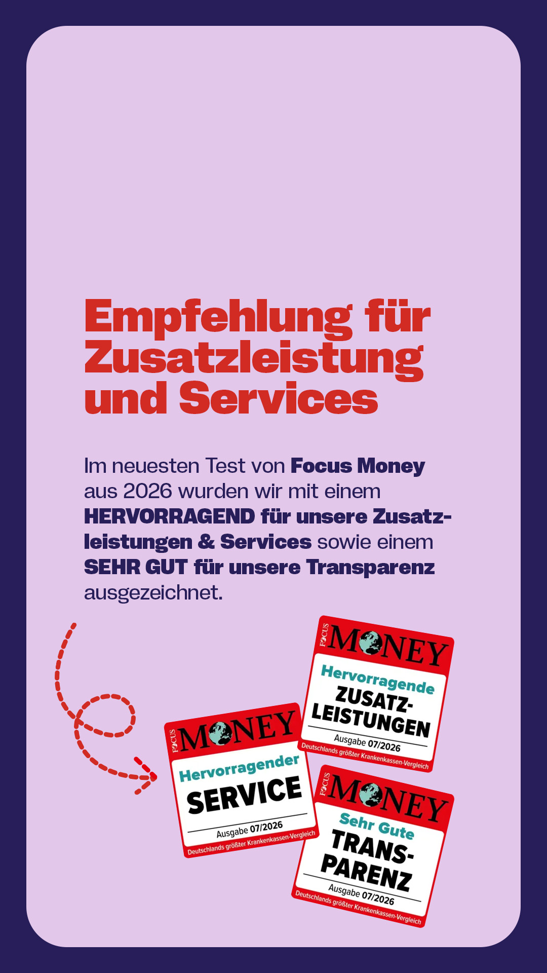 Grafik zur Auszeichnung der energie-BKK durch Focus Money. Hervorgehoben werden hervorragende Zusatzleistungen und Services sowie sehr gute Transparenz. Unten sind drei Focus-Money-Siegel zu sehen.