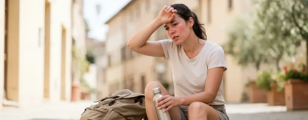 Eine junge Frau sitzt verschwitzt und erschöpft auf einer Treppenstufe in der Innenstadt. Sie hält eine Trinkflasche in der Hand und wischt sich mit der anderen Hand den Schweiß von der Stirn